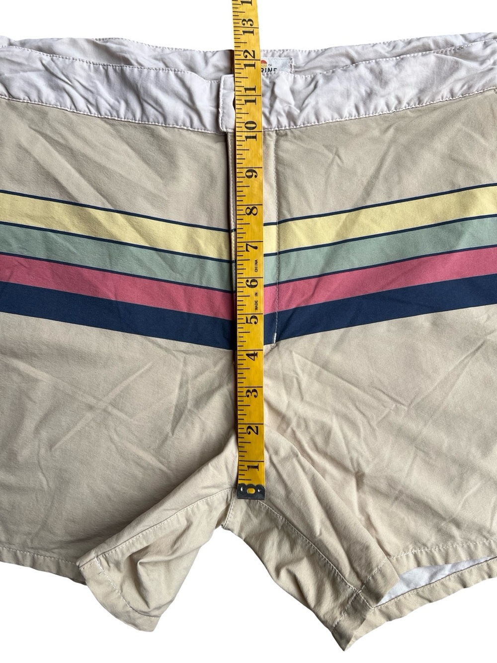 MARINE LAYER 5” Swim Trunks Board Beach Shorts 34 Khaki Multi-Stripe Retro Surf - Picture 7 of 11